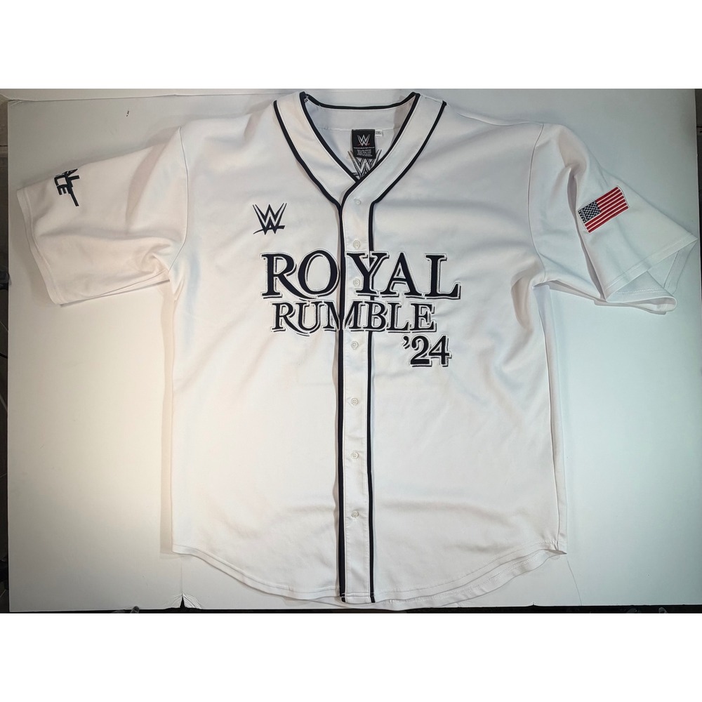 WWE Royal Rumble 2024 Baseball Jersey White Navy Blue 2XL Wrestling Fan Gear